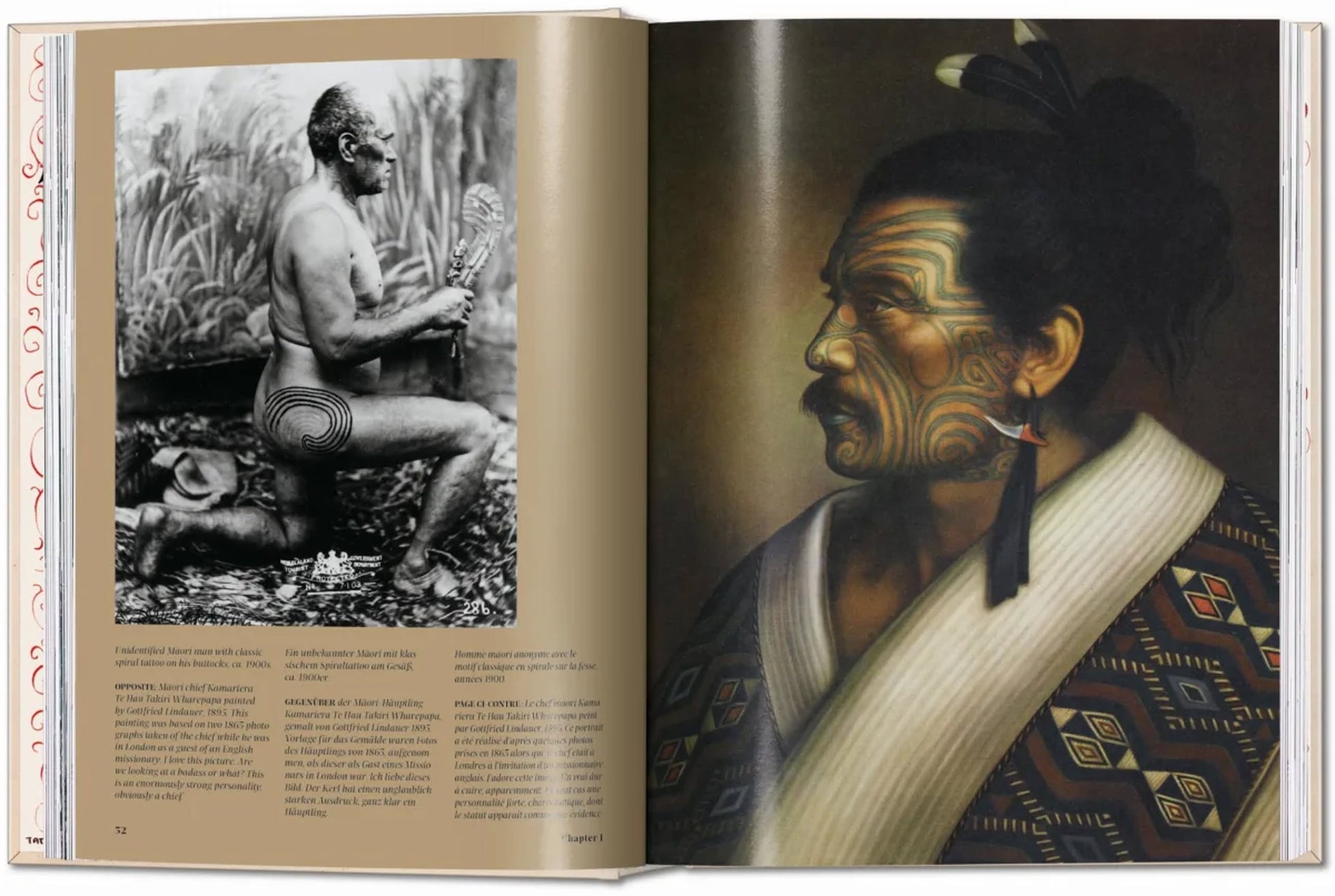 An open spread from "TASCHEN TATTOO 1730s-1970s. Henk Schiffmacher’s Private Collection" (TASCHEN) displays Henk Schiffmacher in black and white on the left and a color portrait of a traditionally tattooed man on the right, showcasing tattoo culture.