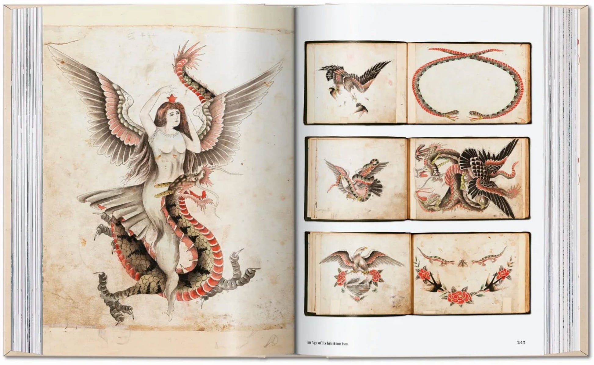 The open TASCHEN TATTOO 1730s-1970s book by TASCHEN reveals Henk Schiffmacher’s collection: a winged woman with a multicolored serpent on the left page, snakes and eagles on the right—celebrating global vintage tattoo art.
