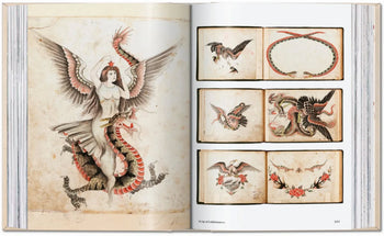 The open TASCHEN TATTOO 1730s-1970s book by TASCHEN reveals Henk Schiffmacher’s collection: a winged woman with a multicolored serpent on the left page, snakes and eagles on the right—celebrating global vintage tattoo art.