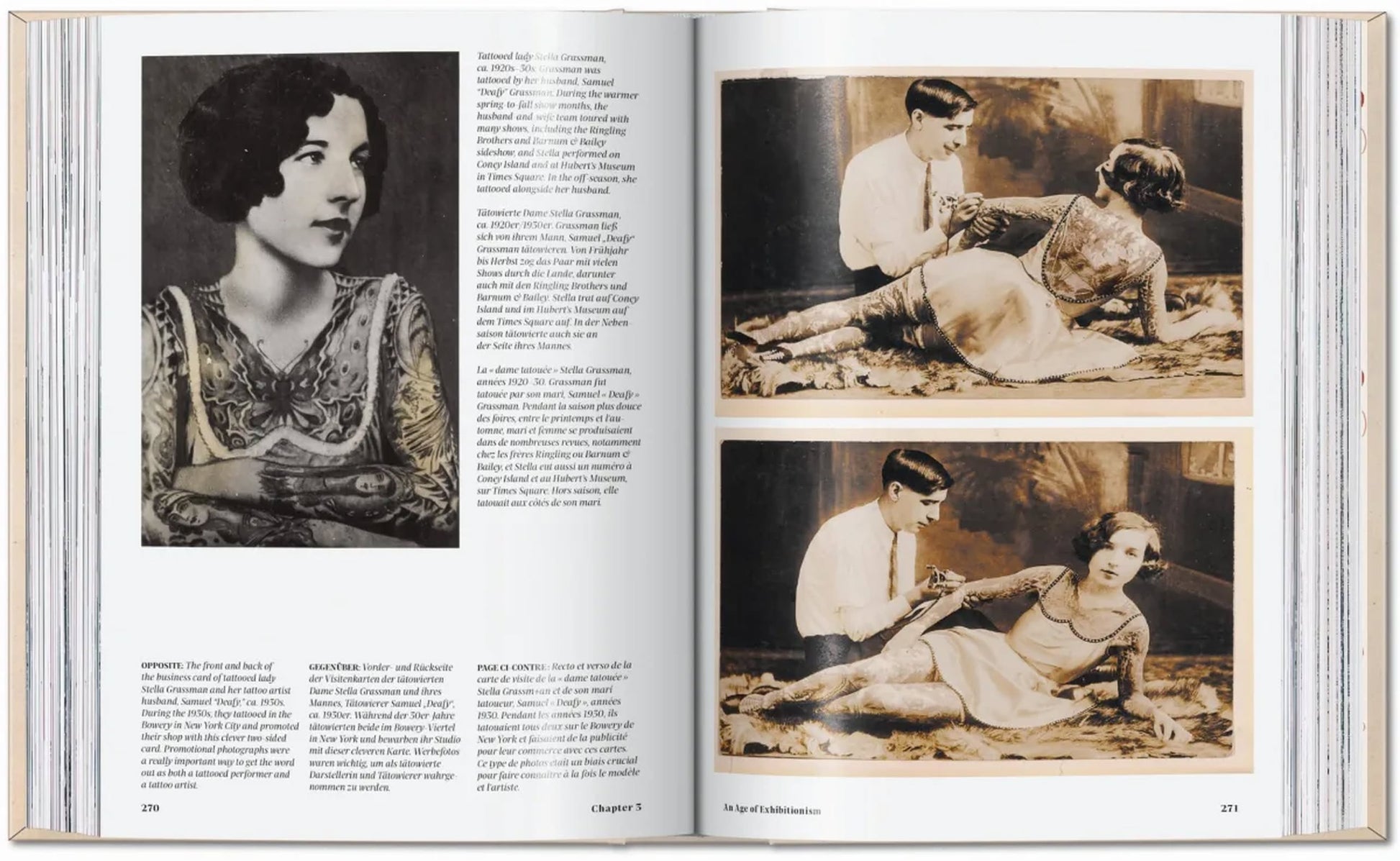 The TASCHEN TATTOO 1730s-1970s. Henk Schiffmacher’s Private Collection book by TASCHEN shows a vintage tattooed woman, historical context, and sepia photos of a man tattooing a woman, all surrounded by descriptive text.
