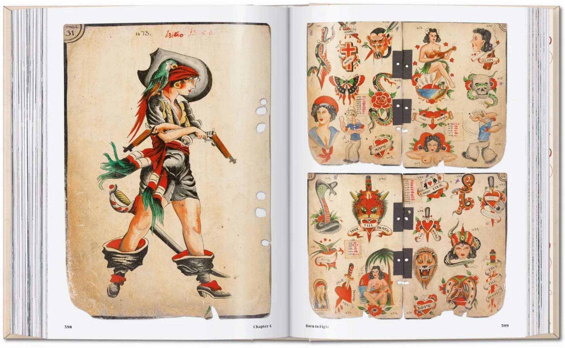 An open book—TASCHEN TATTOO 1730s-1970s by TASCHEN—displays vintage tattoo art: a pirate girl with a musket on the left, and iconic designs like hearts, daggers, roses, skulls, and faces on the right, reflecting global tattoo culture.