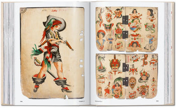 An open book—TASCHEN TATTOO 1730s-1970s by TASCHEN—displays vintage tattoo art: a pirate girl with a musket on the left, and iconic designs like hearts, daggers, roses, skulls, and faces on the right, reflecting global tattoo culture.