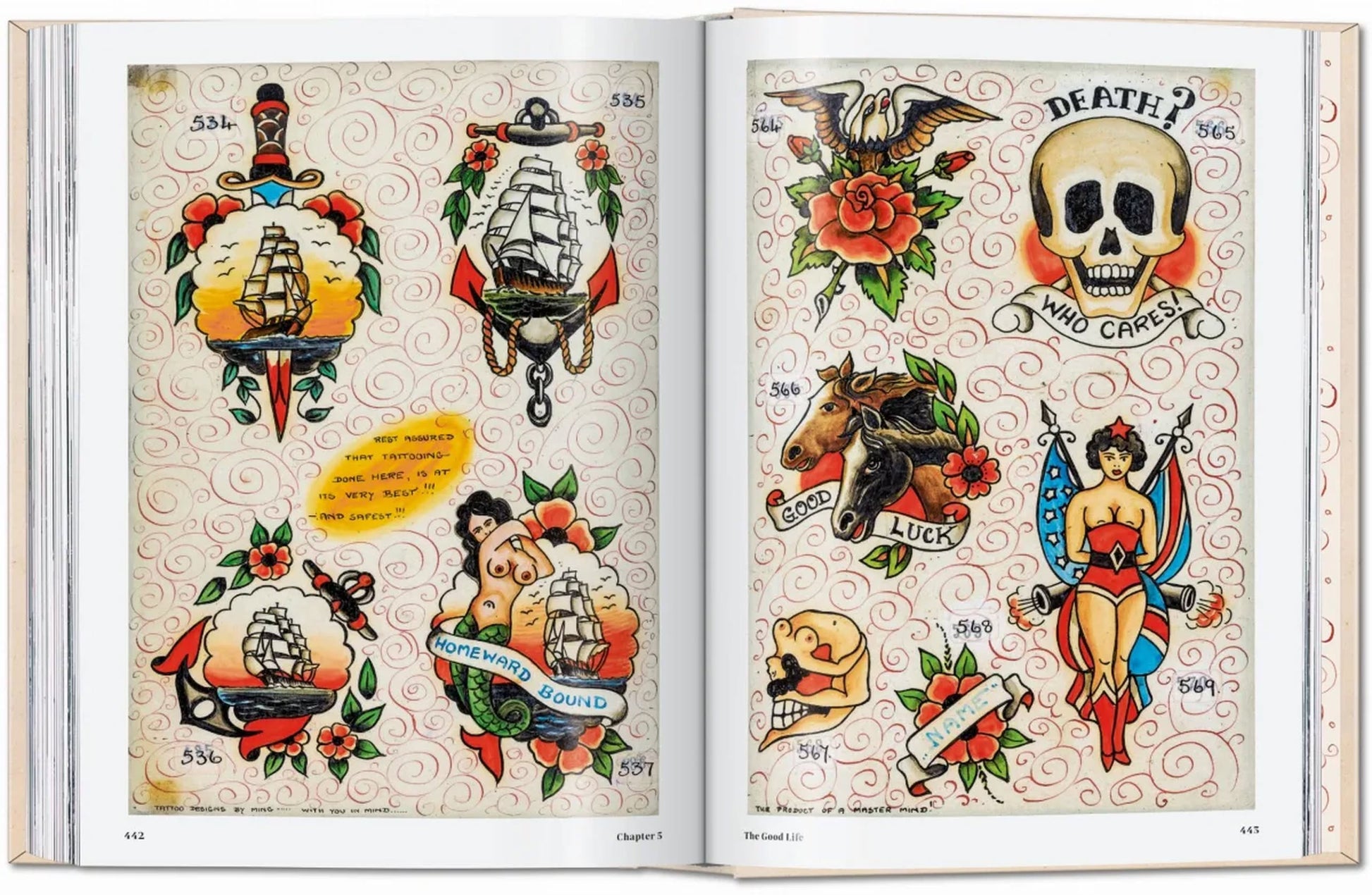 Open TASCHEN TATTOO 1730s-1970s by TASCHEN, featuring vintage tattoo flash art—ships, daggers, a “DEATH? WHO CARES?” skull, horsehead with LUCK, pin-up girls, eagles, and bold banners from Henk Schiffmacher’s private collection.
