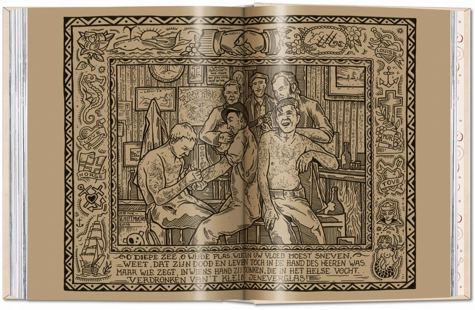A sepia-toned illustration from TASCHEN TATTOO 1730s-1970s: Henk Schiffmacher’s Private Collection shows four men in a tattoo parlor, framed by Dutch text and decorative borders—highlighting Schiffmacher’s tattoo legacy.