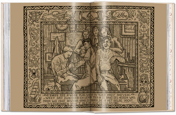 A sepia-toned illustration from TASCHEN TATTOO 1730s-1970s: Henk Schiffmacher’s Private Collection shows four men in a tattoo parlor, framed by Dutch text and decorative borders—highlighting Schiffmacher’s tattoo legacy.
