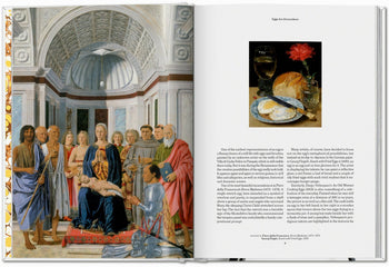 An open TASCHEN The Gourmand’s Egg book features a Renaissance religious painting on the left and, on the right, explores food and art with a still life of bread, cheese, a glass, an egg, and a red flower artfully arranged.