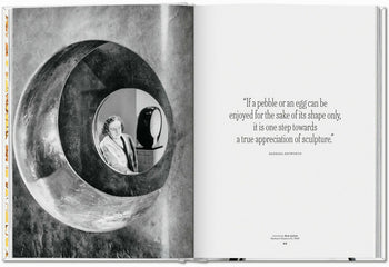 A black-and-white photo of a woman seen through an abstract sculpture, plus a Barbara Hepworth quote on sculpture and the link between food and art, appears in TASCHEN The Gourmand’s Egg: A Collection of Stories and Recipes by TASCHEN.