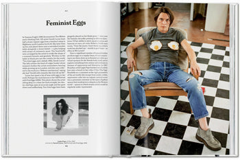 A spread from TASCHEN The Gourmand’s Egg: A Collection of Stories and Recipes features a left page titled Feminist Eggs with a black-and-white photo and a right page showing someone in jeans and an egg-themed t-shirt.