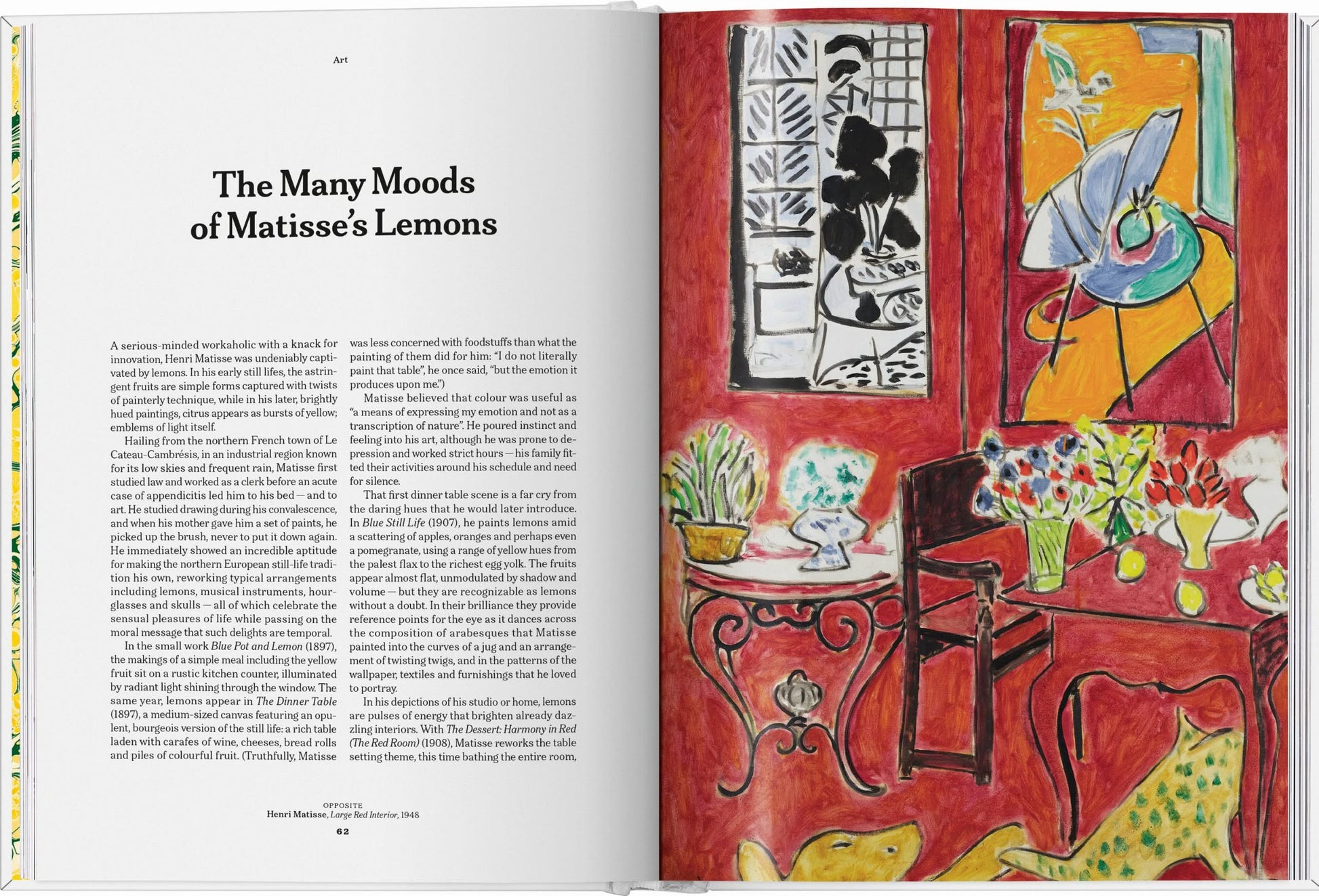 An open TASCHEN The Gourmands Lemon book shows an article on the left and a vivid Henri Matisse painting—featuring red walls, plants, flowers, and lemons—on the right. Brand: TASCHEN.