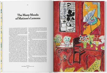 An open TASCHEN The Gourmands Lemon book shows an article on the left and a vivid Henri Matisse painting—featuring red walls, plants, flowers, and lemons—on the right. Brand: TASCHEN.