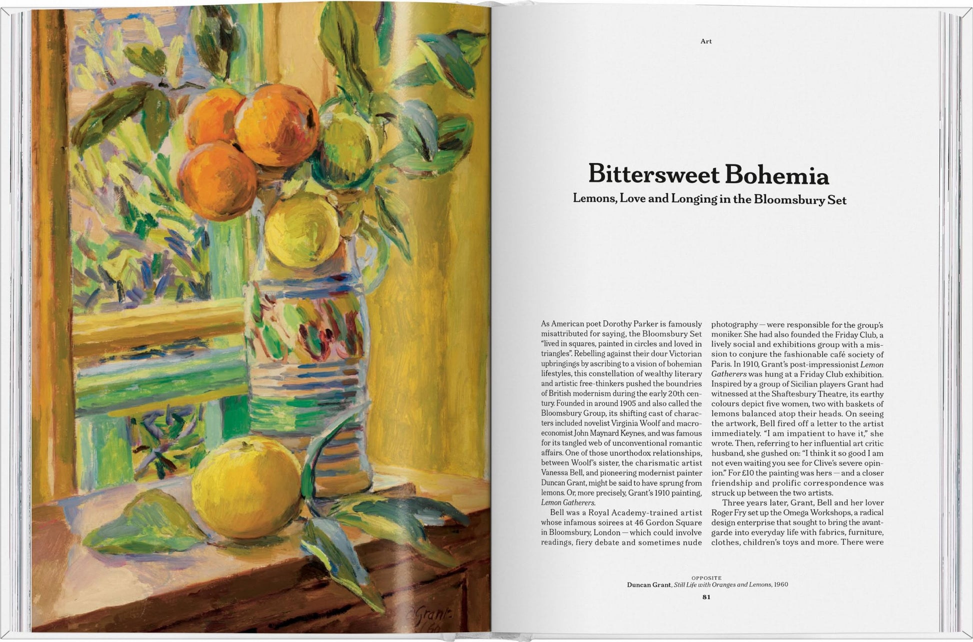 An open TASCHEN The Gourmands Lemon: A Collection of Stories and Recipes book displays a vibrant still-life painting with flowers, lemons, and oranges on the left page, and an article about the Bloomsbury Set on the right.