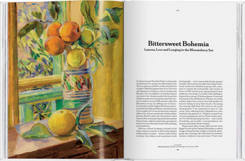 An open TASCHEN The Gourmands Lemon: A Collection of Stories and Recipes book displays a vibrant still-life painting with flowers, lemons, and oranges on the left page, and an article about the Bloomsbury Set on the right.