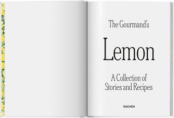 An open book reveals the title page: TASCHEN The Gourmands Lemon: A Collection of Stories and Recipes by TASCHEN, with a blank opposite page showing a yellow and green patterned inner cover.
