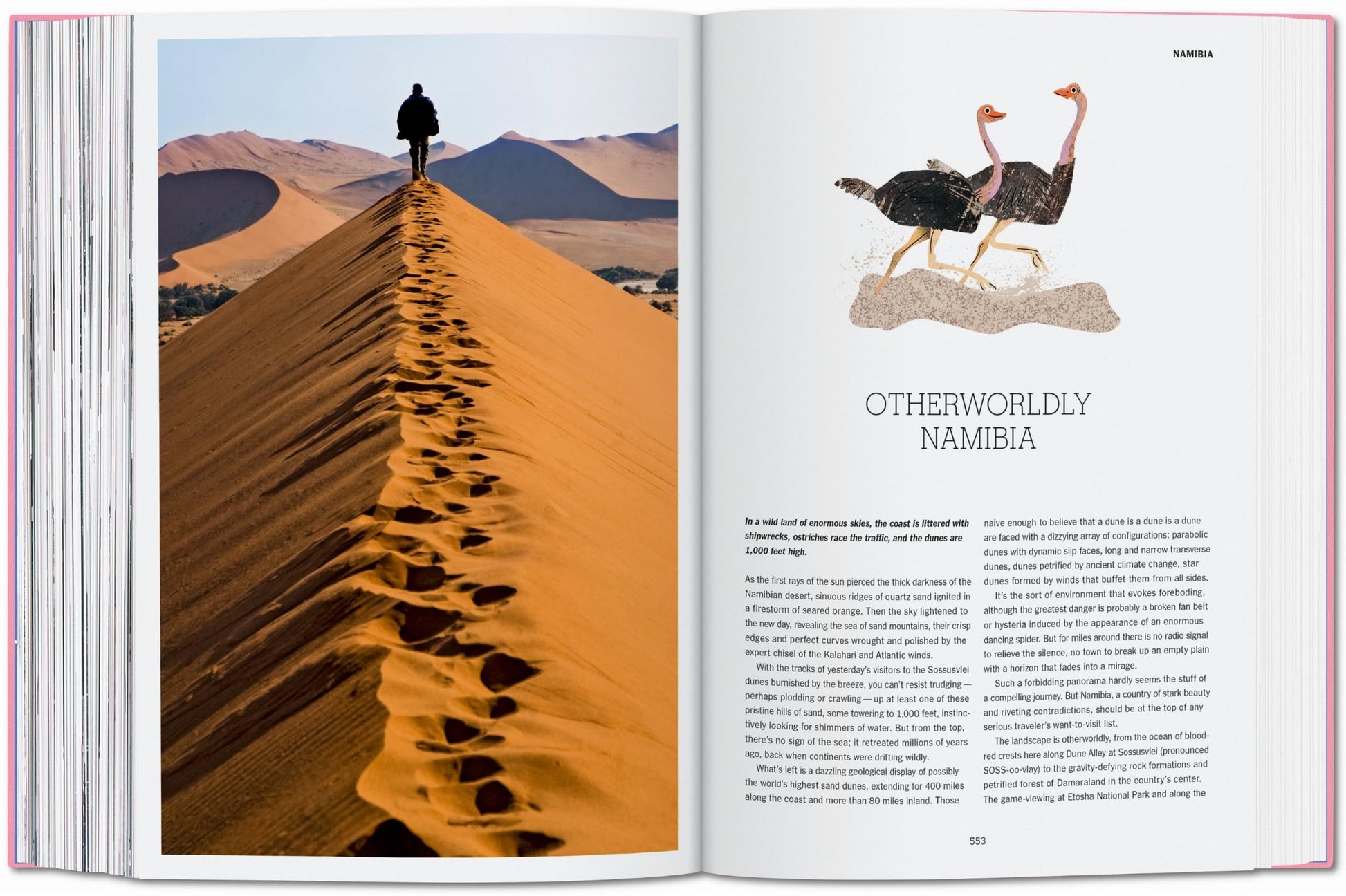 At sunrise, a person walks the crest of a Namib Desert dune, leaving deep footprints—just like in a scene from TASCHEN The New York Times Explorer: 100 Dream Trips Around the World, with ostriches and Namibia featured on the opposite page.