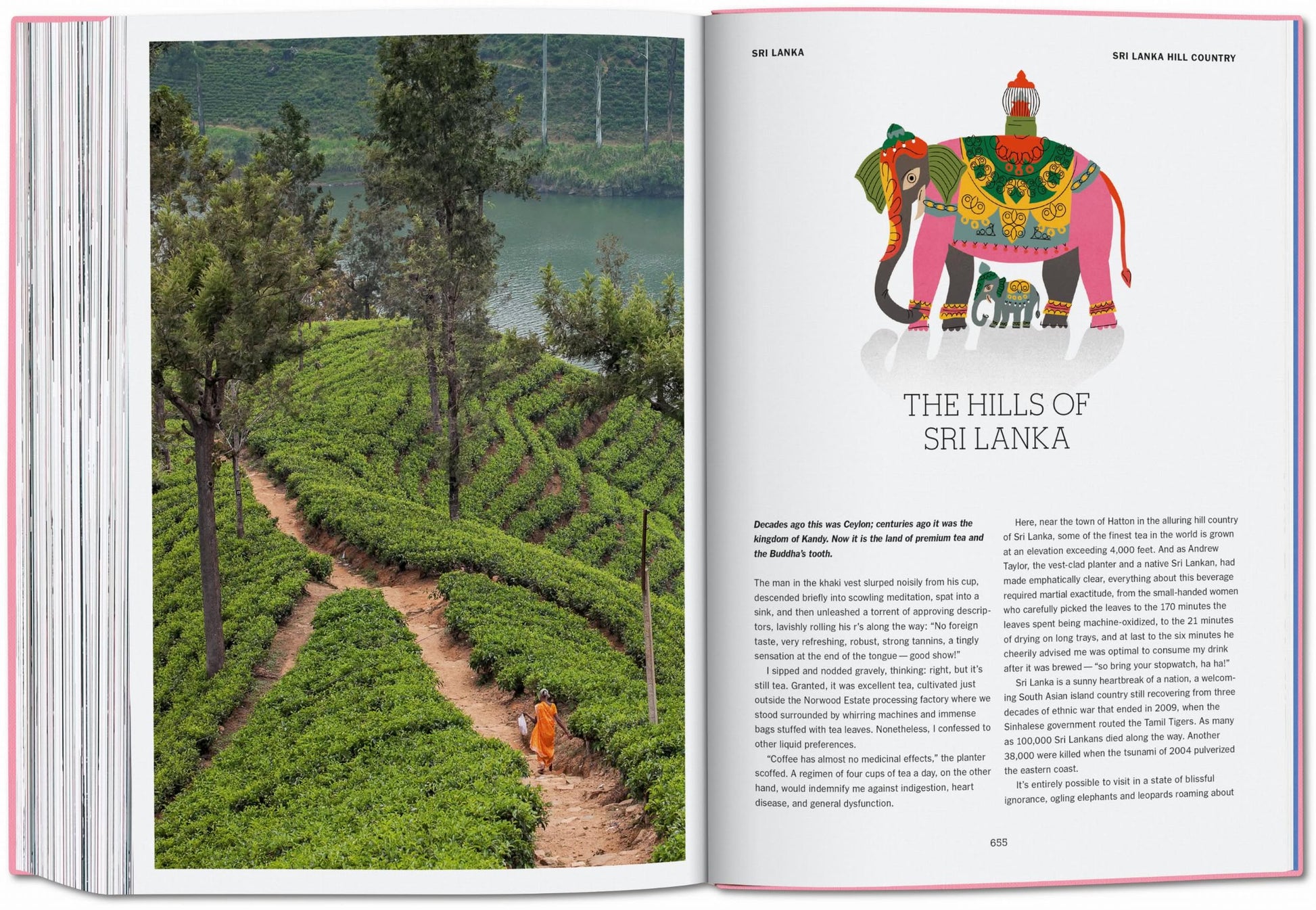 An open TASCHEN The New York Times Explorer: 100 Dream Trips Around the World book shows a photo of someone in green tea fields; opposite, a decorated elephant and THE HILLS OF SRI LANKA invite dream travel for any enthusiast.