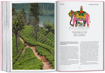 An open TASCHEN The New York Times Explorer: 100 Dream Trips Around the World book shows a photo of someone in green tea fields; opposite, a decorated elephant and THE HILLS OF SRI LANKA invite dream travel for any enthusiast.