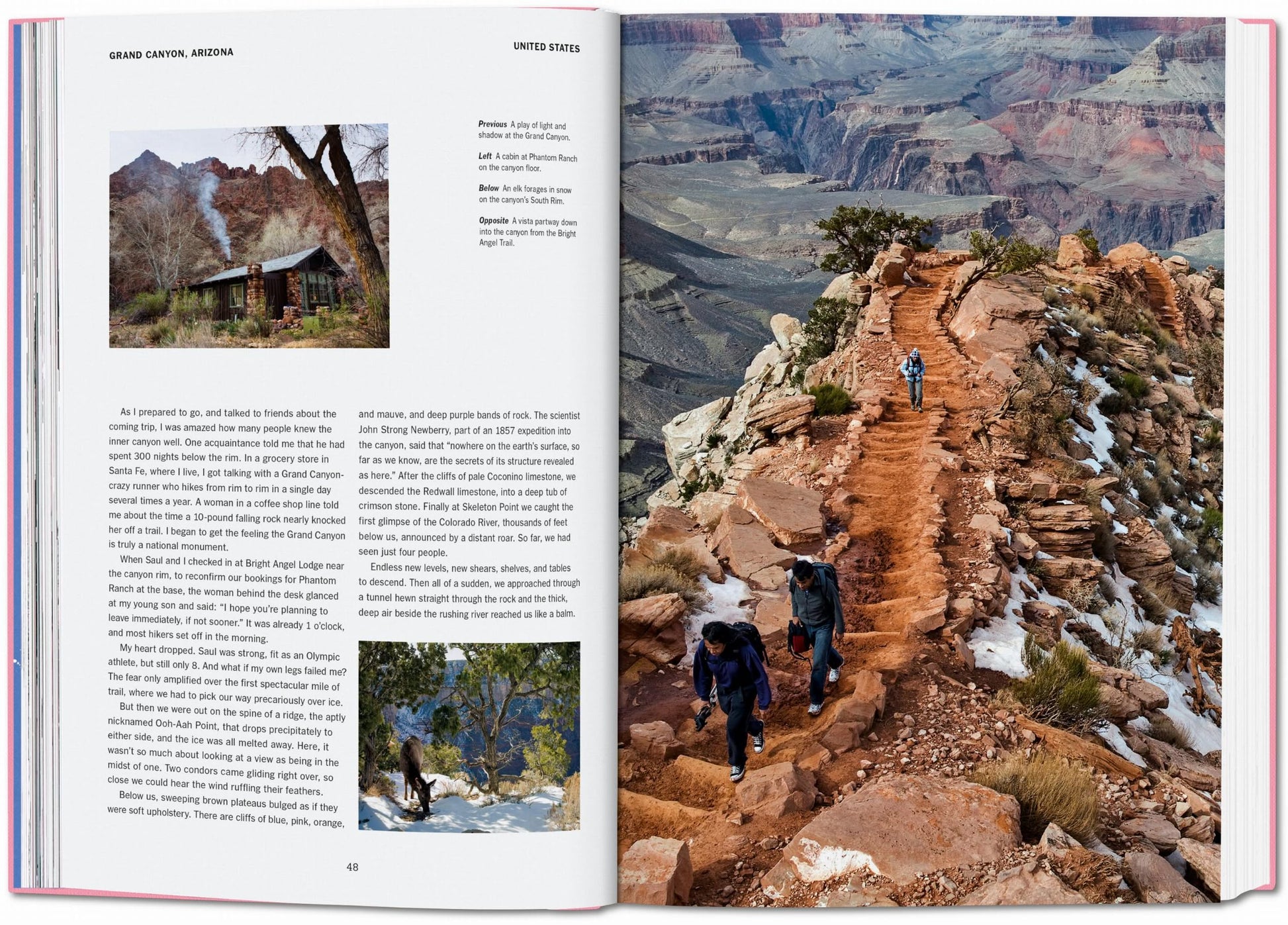 TASCHEN The New York Times Explorer: 100 Dream Trips Around the World features a Grand Canyon page with cabin and deer photos, plus hikers on a winding trail, inspiring readers to add this spot to their travel bucket list.