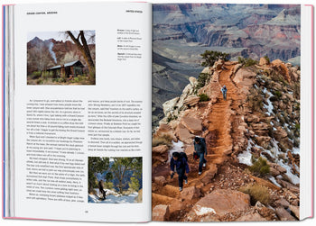 TASCHEN The New York Times Explorer: 100 Dream Trips Around the World features a Grand Canyon page with cabin and deer photos, plus hikers on a winding trail, inspiring readers to add this spot to their travel bucket list.