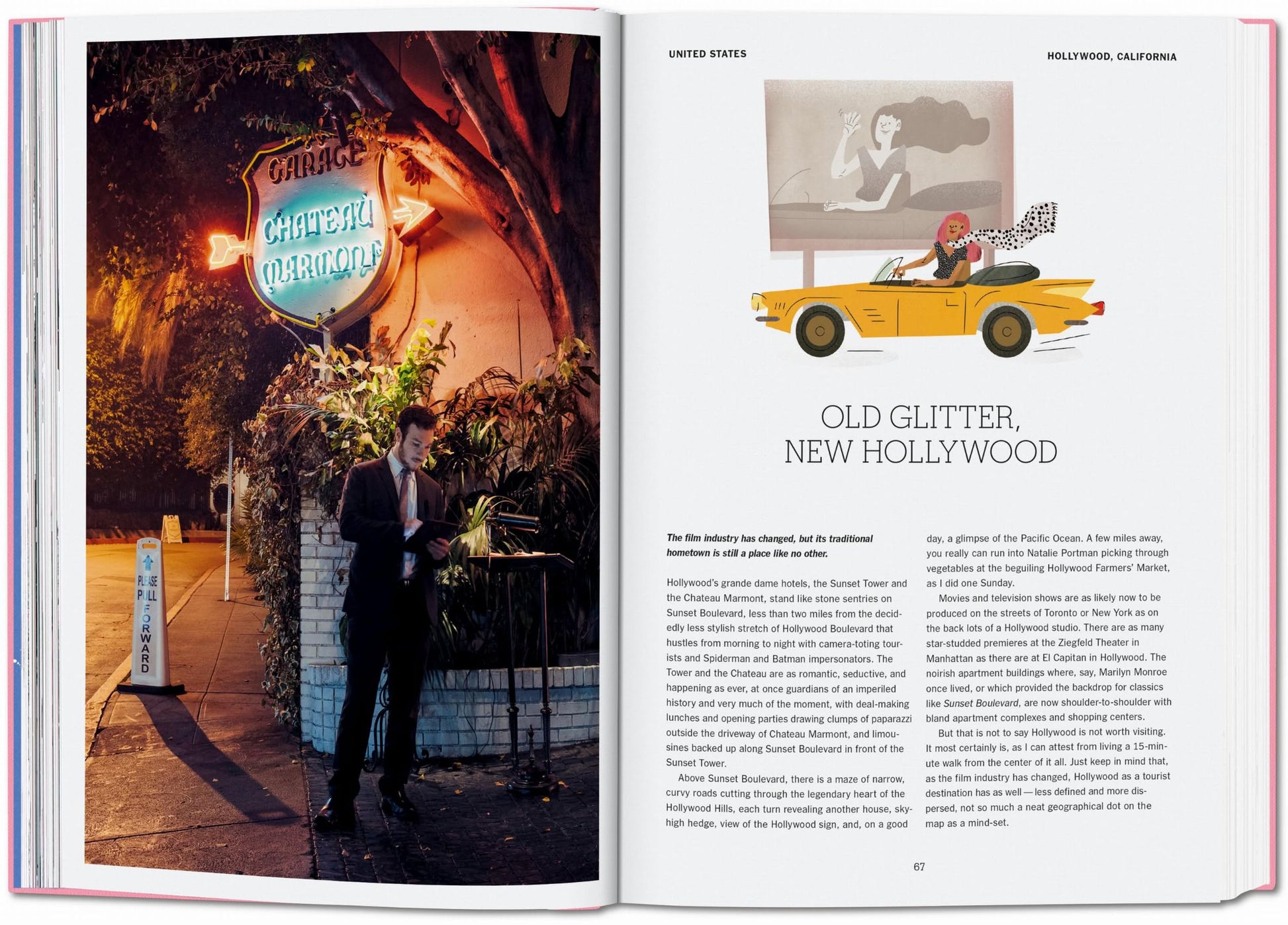 An open TASCHEN The New York Times Explorer: 100 Dream Trips Around the World book reveals a man in a suit outside a restaurant at night, while the right page shows a woman in a yellow convertible, capturing iconic dream destinations.