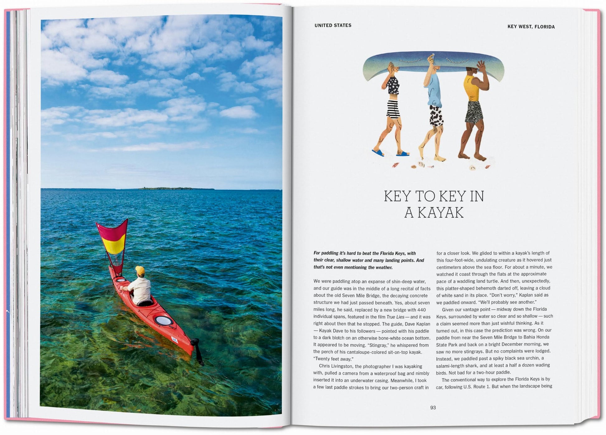 On the left page of TASCHEN The New York Times Explorer: 100 Dream Trips Around the World, someone paddles a red kayak on turquoise water by a small island; the right shows four people carrying a kayak and an article titled Key to Key in a Kayak.