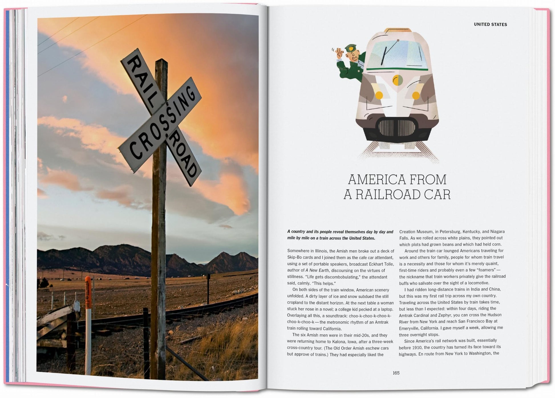 A book spread featuring a railroad crossing sign at sunset on the left and an illustration of a train above the title TASCHEN The New York Times Explorer: 100 Dream Trips Around the World—a guide for dream destinations.