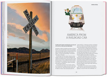 A book spread featuring a railroad crossing sign at sunset on the left and an illustration of a train above the title TASCHEN The New York Times Explorer: 100 Dream Trips Around the World—a guide for dream destinations.