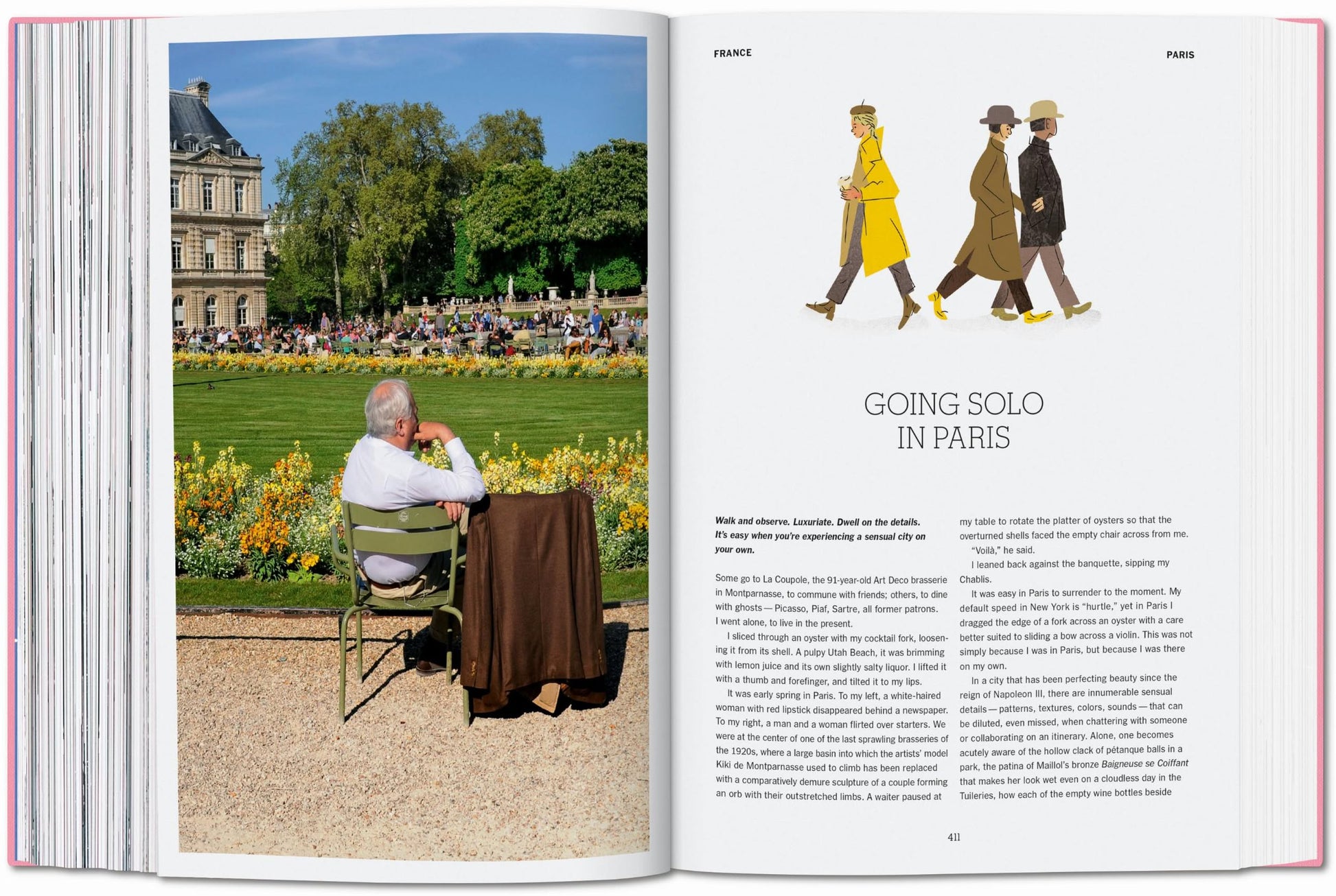 A spread from TASCHEN The New York Times Explorer: 100 Dream Trips Around the World features a photo of an older man on a green chair in a Paris garden, surrounded by blooms—an inspiring look into solo adventures, under the heading Going Solo in Paris.