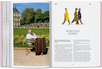 A spread from TASCHEN The New York Times Explorer: 100 Dream Trips Around the World features a photo of an older man on a green chair in a Paris garden, surrounded by blooms—an inspiring look into solo adventures, under the heading Going Solo in Paris.