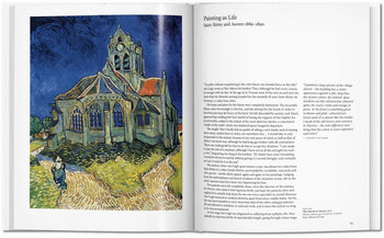 An open TASCHEN Van Gogh book by TASCHEN shows a vibrant blue and green church painting on the left page and text about “Painting as Life” plus Van Gogh’s post-Impressionism masterpieces on the right.