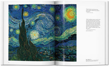 The TASCHEN Van Gogh book by TASCHEN shows “The Starry Night” with swirling skies on the left page and black quotes and text on a white background on the right.