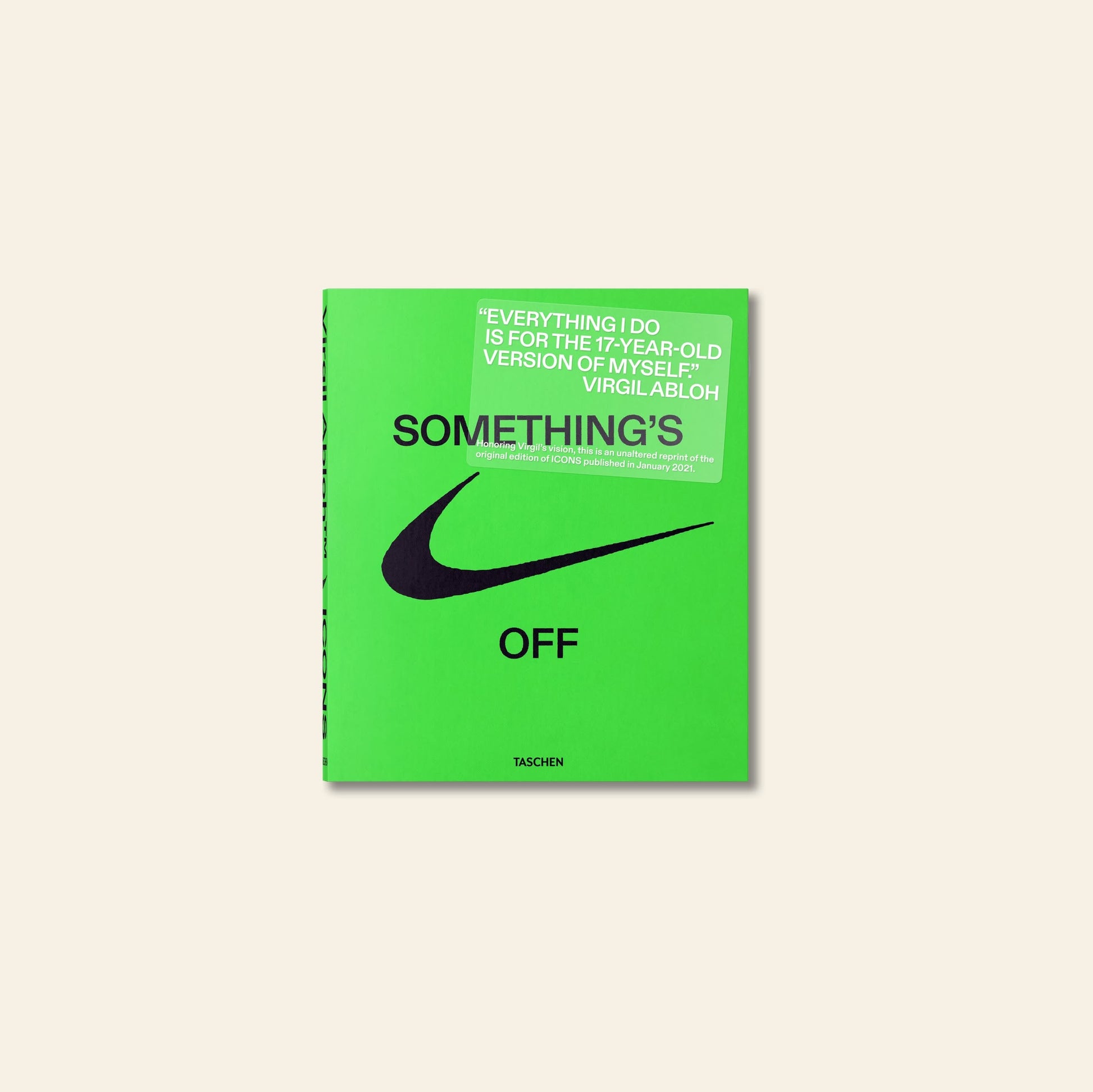 A bright green book, TASCHEN Virgil Abloh. Nike: ICONS, featuring a bold black Nike swoosh, a quote by Virgil Abloh inspired by The Ten collection, and the TASCHEN logo, set on a plain beige background.