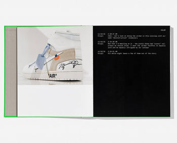 An open TASCHEN Virgil Abloh. Nike: ICONS book shows a white and gray Off-White x Nike sneaker from The Ten collection on the left, while the right page presents white text, notes, and timestamps on a black background.