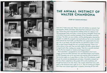 An open TASCHEN Walter Chandoha. Cats. Photographs 1942-2018 book shows black-and-white cat photography of a girl with a cat on a couch, plus an article titled The Animal Instinct of Walter Chandoha by Susan Michals.
