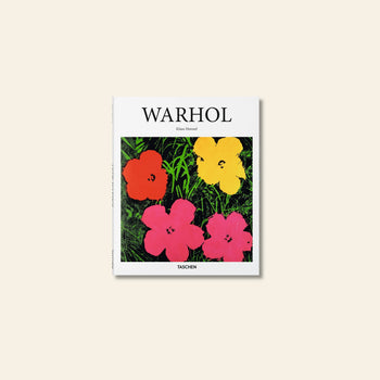TASCHEN Warhol by TASCHEN features vibrant red, pink, and yellow flowers on green, inspired by Andy Warhols pop art style. This book showcases his most iconic works and celebrates his creative legacy.