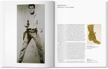 Open book from TASCHEN Warhol by TASCHEN showcases Andy Warhol’s pop art: left page with black-and-white cowboy photo, right page with text and gold boot artwork, headed “Andy Warhol: First Pop Star of the Art World.”.