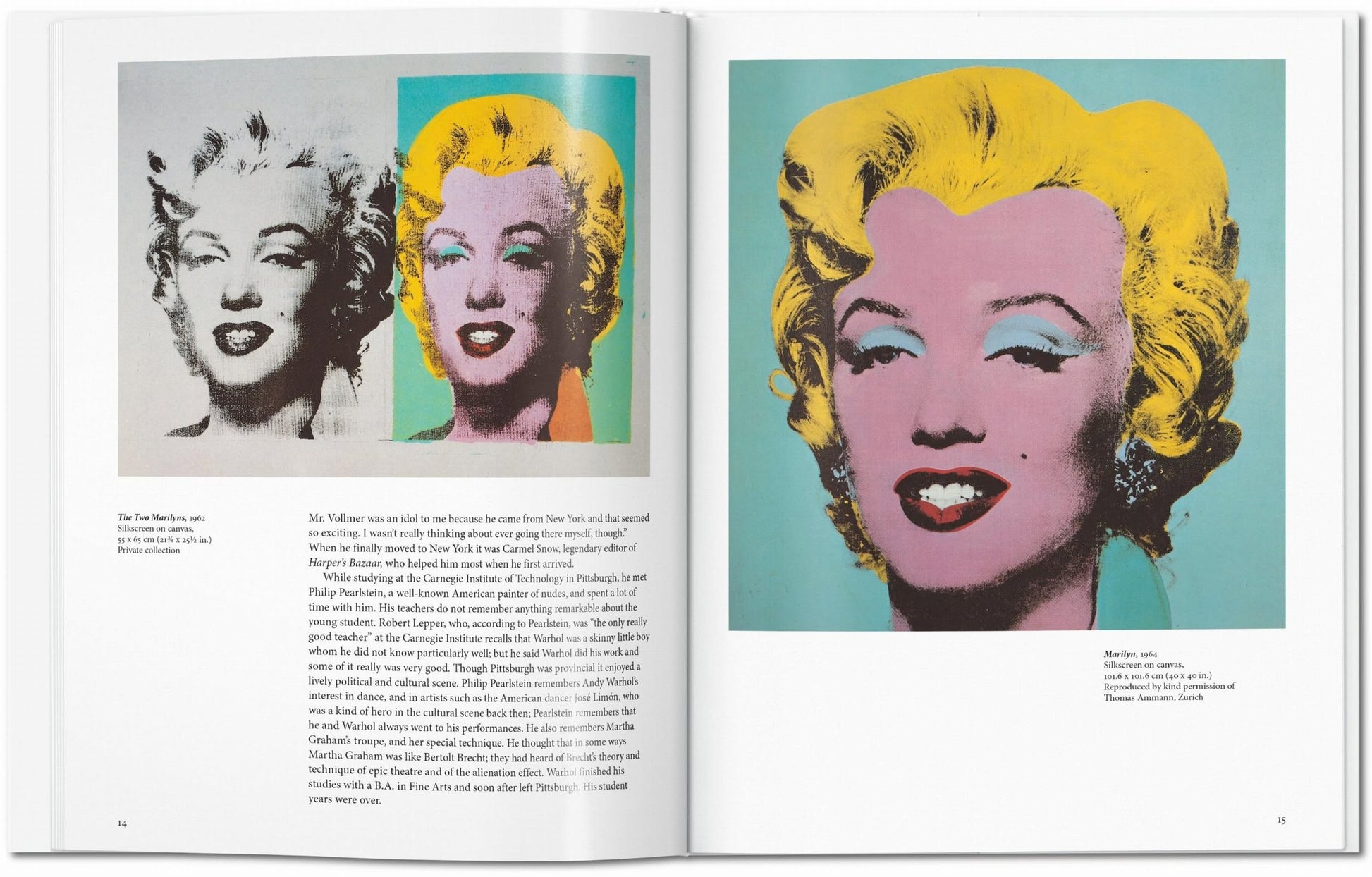 A magazine spread highlights TASCHEN Warhol: the left echoes Andy Warhol with grayscale and vibrant Marilyn Monroe images, while the right features a stylized portrait on turquoise—all from TASCHEN.