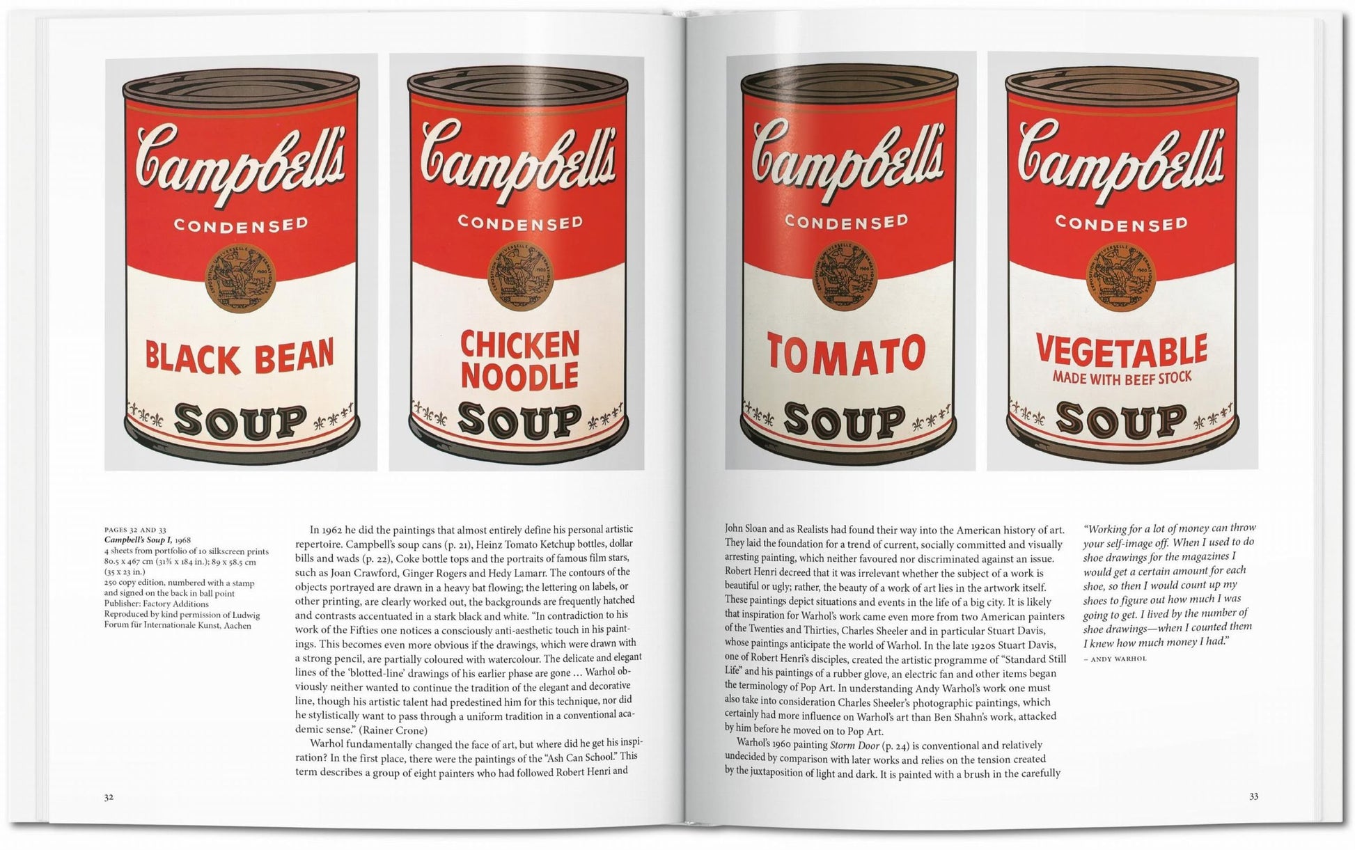 Four cans of Campbell’s Condensed Soup—Black Bean, Chicken Noodle, Tomato, and Vegetable—are displayed across two open pages of the TASCHEN Warhol book by TASCHEN, reflecting Andy Warhol’s iconic pop art style with text beneath each can.