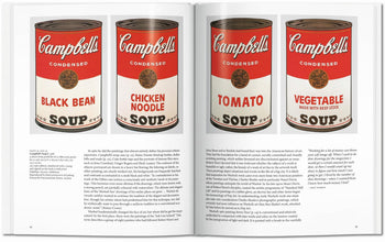 Four cans of Campbell’s Condensed Soup—Black Bean, Chicken Noodle, Tomato, and Vegetable—are displayed across two open pages of the TASCHEN Warhol book by TASCHEN, reflecting Andy Warhol’s iconic pop art style with text beneath each can.