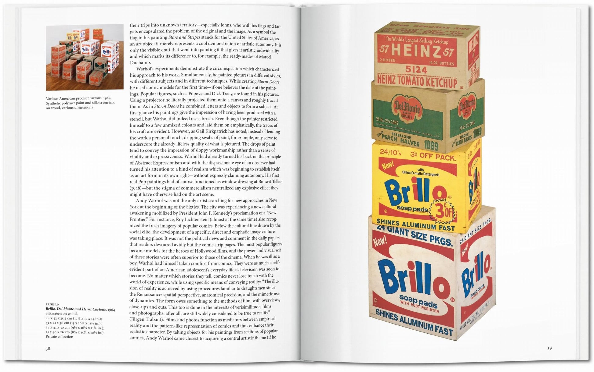 Open TASCHEN Warhol by TASCHEN to see text beside a photo of vintage boxes, with the opposite page featuring stacked colorful packaging like Heinz and Brillo—iconic designs inspired by Andy Warhol’s pop art.