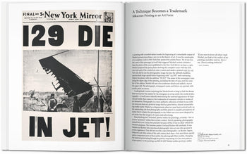 The TASCHEN Warhol book by TASCHEN features a black-and-white artwork mimicking a newspaper cover with “129 DIE IN JET!” and a jet crash, plus an essay on silkscreen printing as an art form.