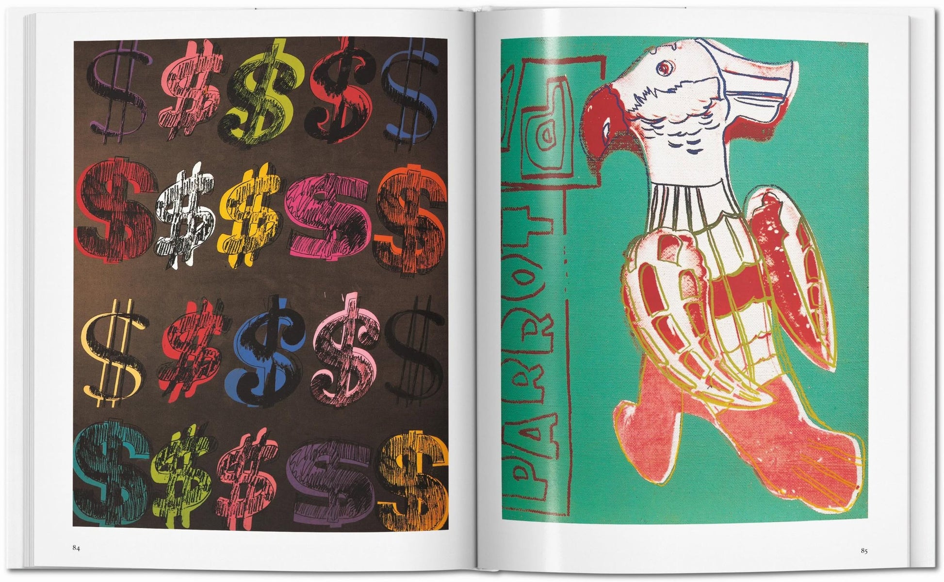 An open TASCHEN Warhol book displays vibrant dollar signs in pop art style on the left and an abstract parrot with PARROT on the right, set against a green background, reflecting Andy Warhol’s classic pop aesthetic. Brand: TASCHEN.