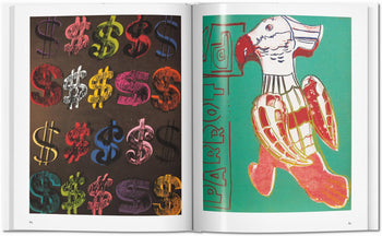 An open TASCHEN Warhol book displays vibrant dollar signs in pop art style on the left and an abstract parrot with PARROT on the right, set against a green background, reflecting Andy Warhol’s classic pop aesthetic. Brand: TASCHEN.
