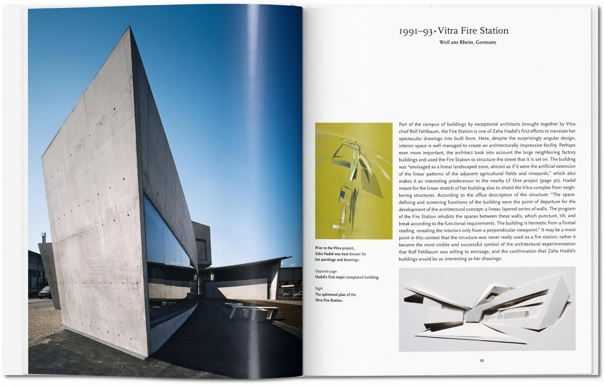On the left, a sleek, angular concrete building stands; on the right, TASCHEN Zaha Hadid by TASCHEN displays text on her innovative Vitra Fire Station and small images of architectural models.
