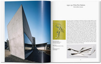 On the left, a sleek, angular concrete building stands; on the right, TASCHEN Zaha Hadid by TASCHEN displays text on her innovative Vitra Fire Station and small images of architectural models.