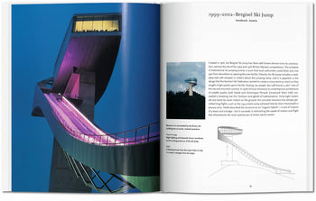 A spread from TASCHEN Zaha Hadid features the iconic Bergisel Ski Jump in Innsbruck, Austria—its pink and purple-lit design by the Pritzker Prize-winning architect dazzling at dusk beside text, a small photo, and a detailed diagram.
