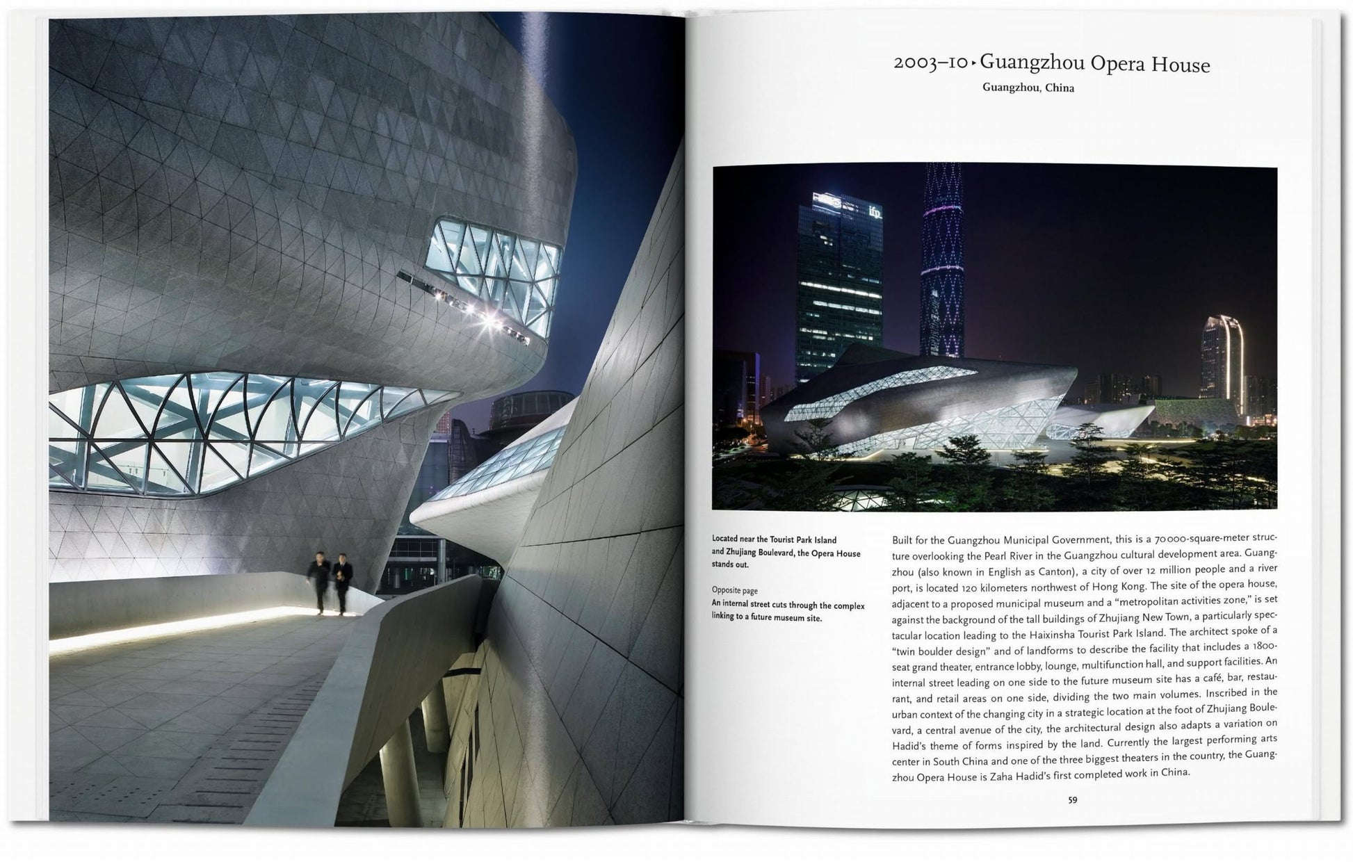 An open TASCHEN Zaha Hadid book by TASCHEN shows images and text on the Guangzhou Opera House—Zaha Hadid’s architecture at night on the left, with a cityscape photo and description on the right.