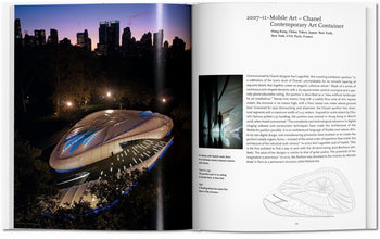 A luminous pavilion set among trees and a city skyline is featured beside a page from TASCHEN Zaha Hadid by TASCHEN, spotlighting Hadid’s groundbreaking Chanel Contemporary Art Container with photos and technical drawings.