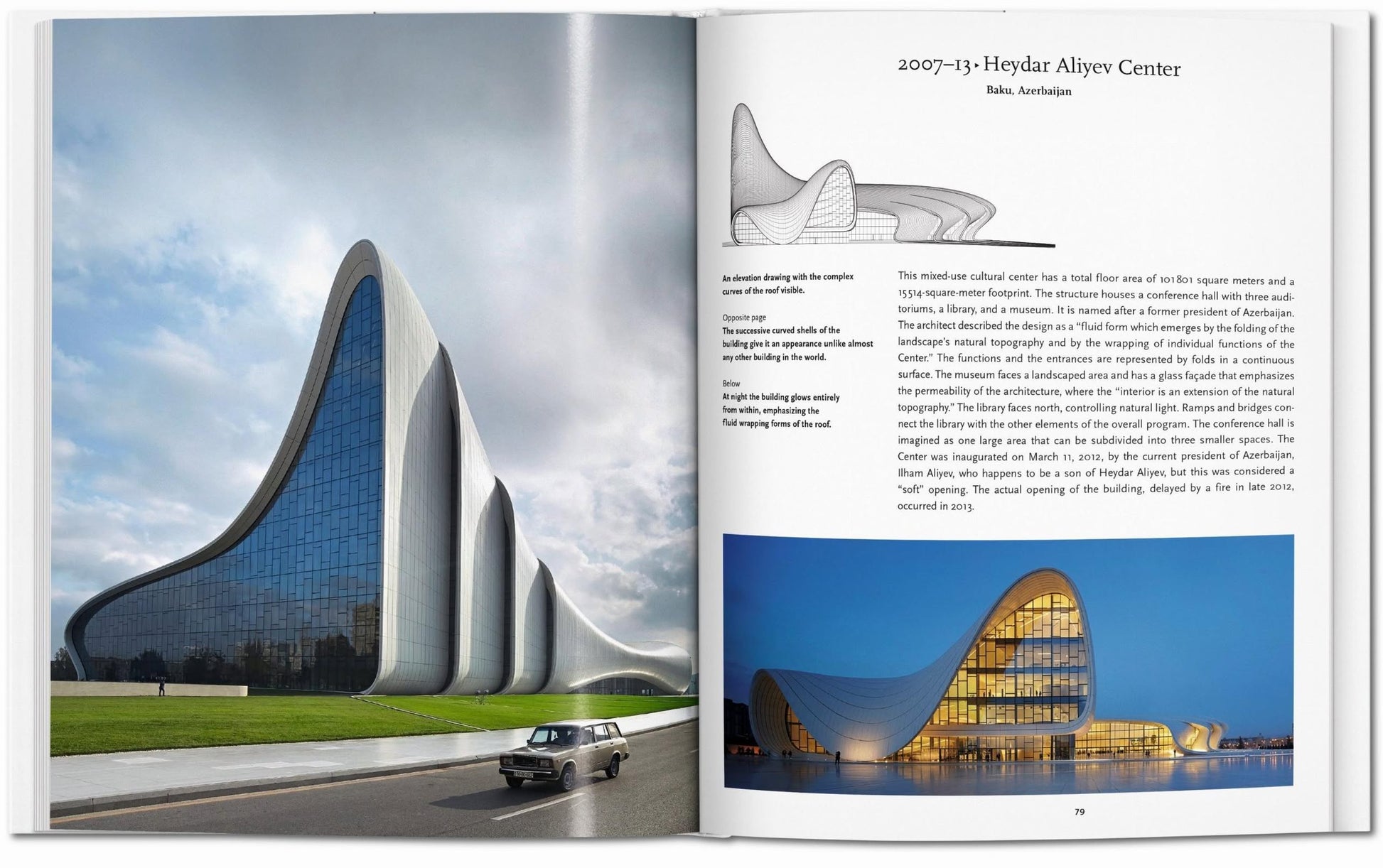 A book spread from TASCHEN Zaha Hadid by TASCHEN features the Heydar Aliyev Center in Baku: one page displays exterior photos, while the other presents text and architectural sketches of Zaha Hadid’s revolutionary design.