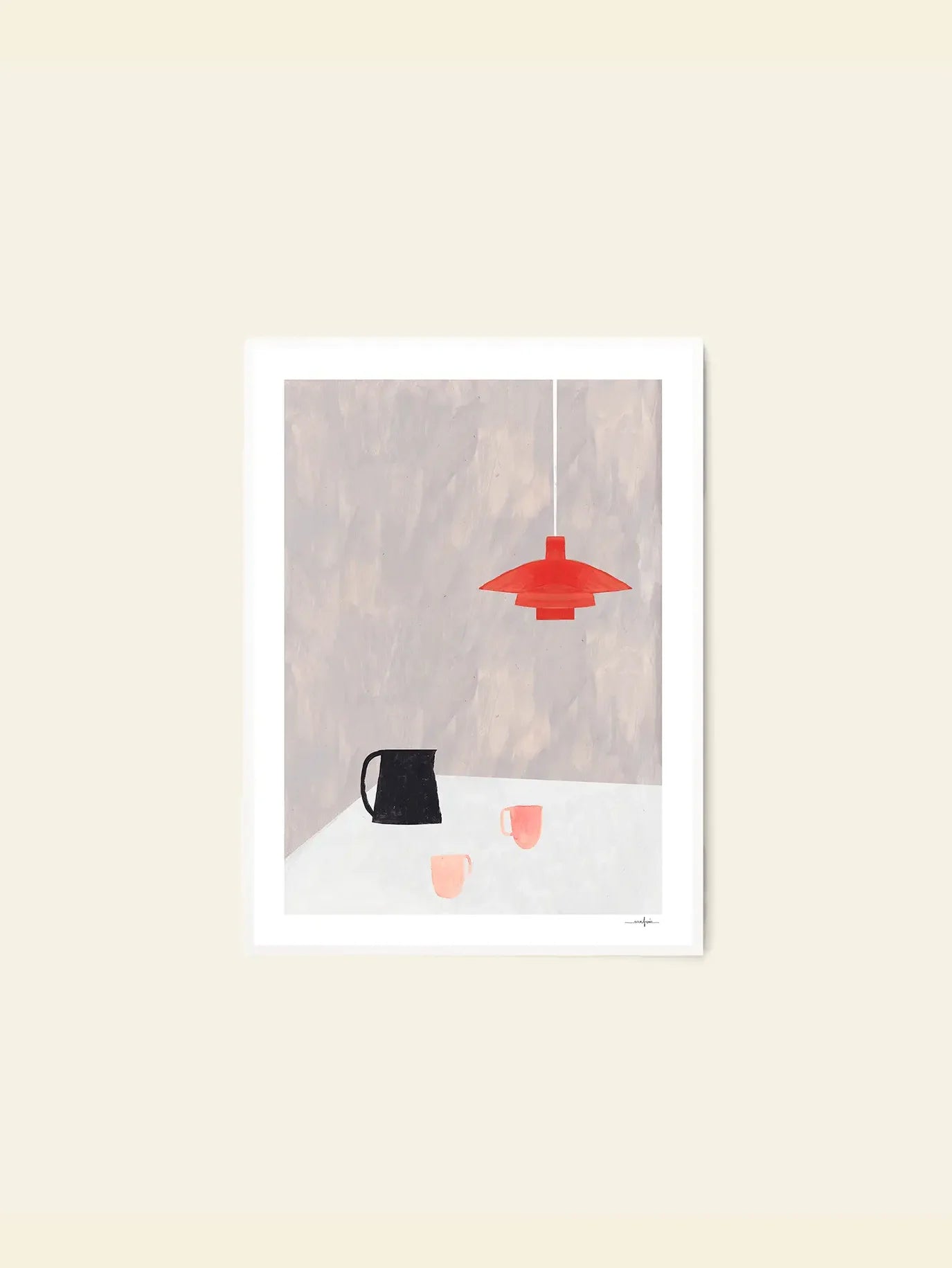 The Poster Clubs Ana Frois - Orange Pendant (30x40) is a minimalist giclée print showing a black pitcher, pink cups, and an orange pendant lamp on a neutral background for modern appeal. Archival conservation ensures lasting quality.