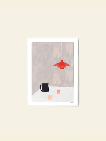 The Poster Clubs Ana Frois - Orange Pendant (30x40) is a minimalist giclée print showing a black pitcher, pink cups, and an orange pendant lamp on a neutral background for modern appeal. Archival conservation ensures lasting quality.